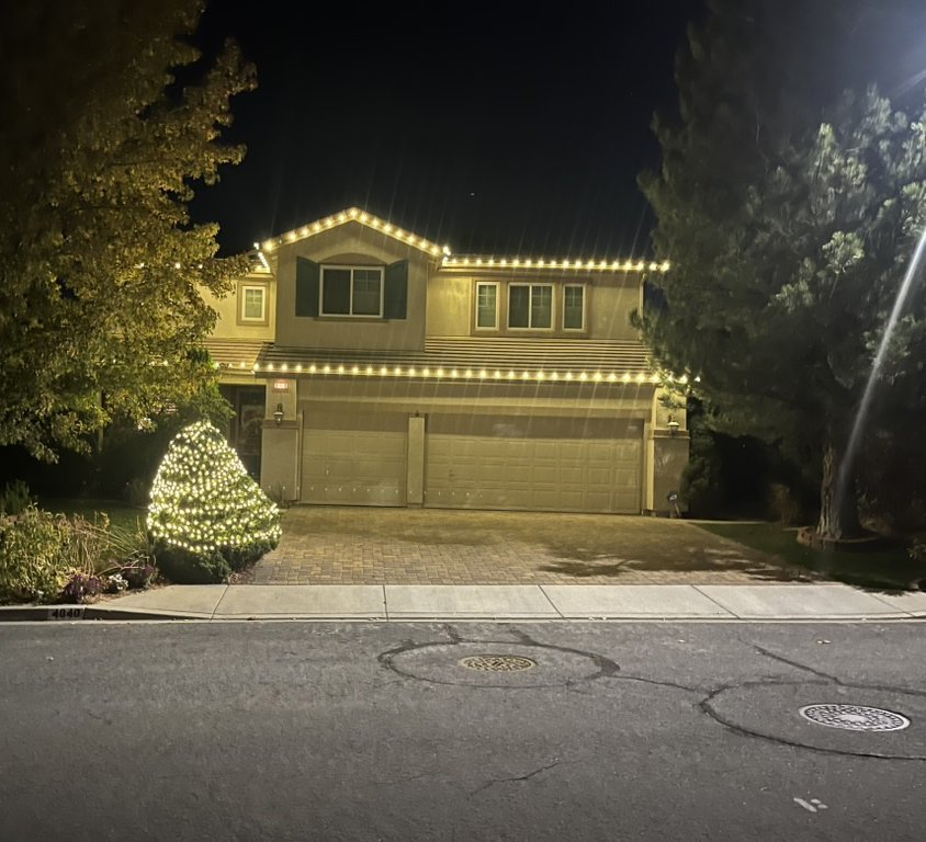 Roofline and shaped shrub lighting on a home